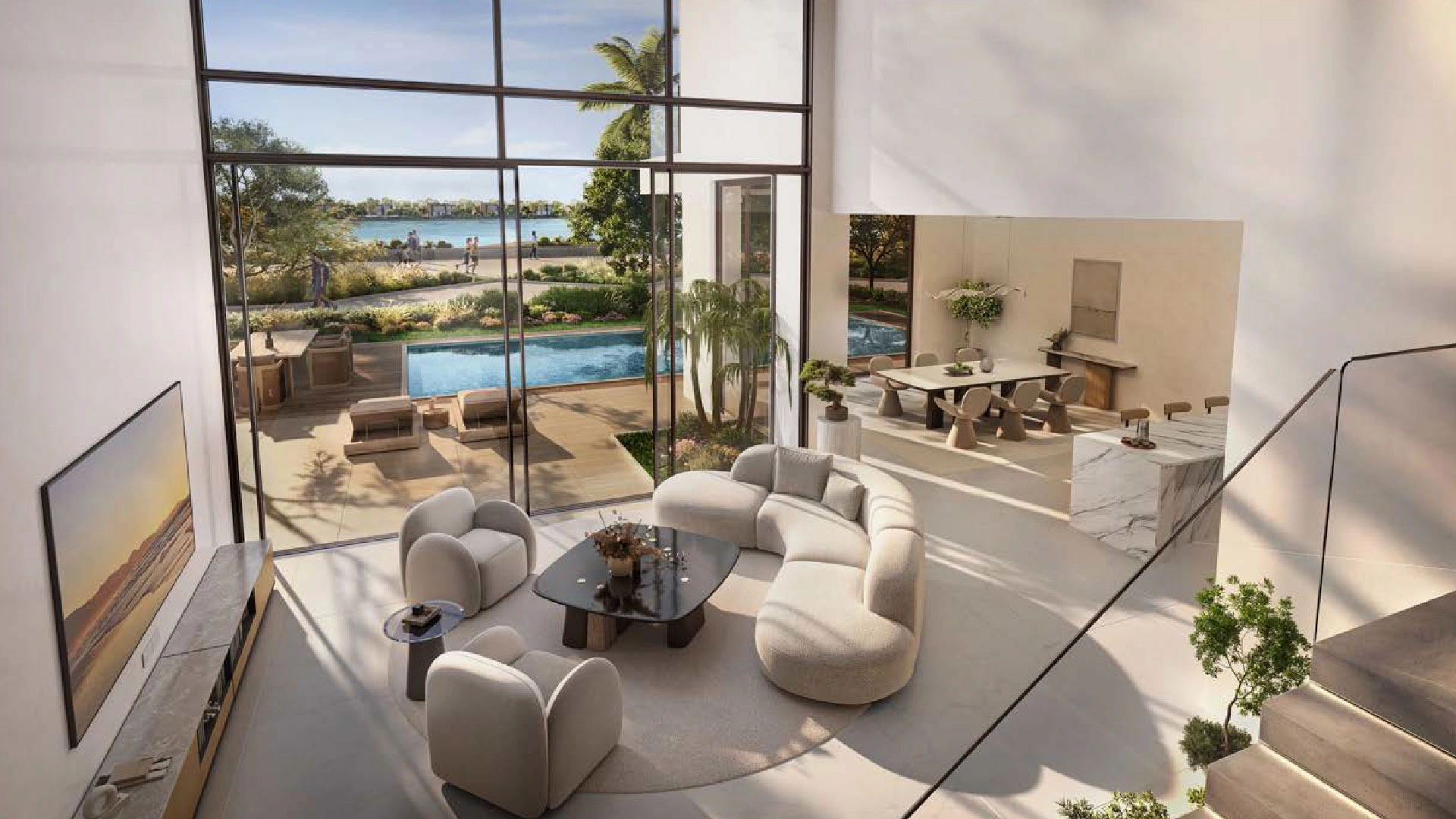Luxury open living area with soft textures and uninterrupted sea views